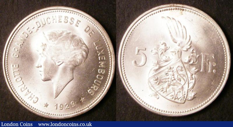 London Coins : A137 : Lot 899 : Luxembourg (2) 10 Francs 1929 KM#39 Lustrous UNC, 5 Francs 1929 KM#38 Lustrous UNC with a small ...