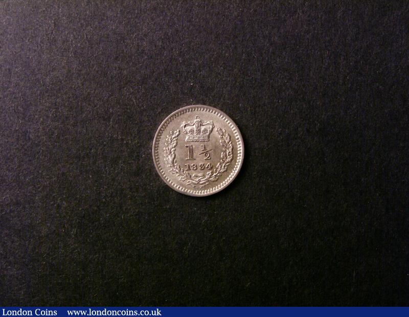 London Coins : A138 : Lot 2823 : Threehalfpence 1834 ESC 2252 EF/GEF and lustrous (bought Grantham Coins 1983 &pound;6)