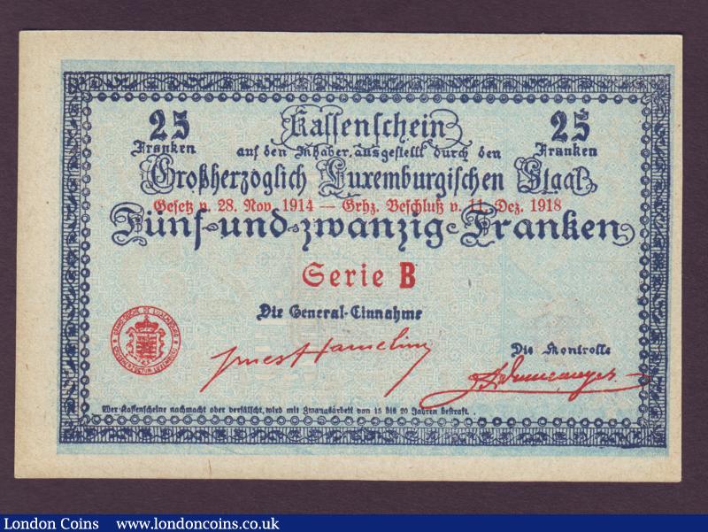 London Coins : A138 : Lot 497 : Luxembourg 25 francs L.1914-1918 (issued 1919) unfinished without a serial number on front, seri...