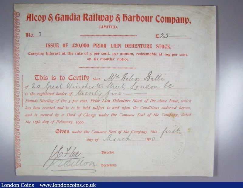 London Coins : A138 : Lot 94 : Spain, Alcoy & Gandia Railway & Harbour Co. Ltd., certificates for second debenture ...
