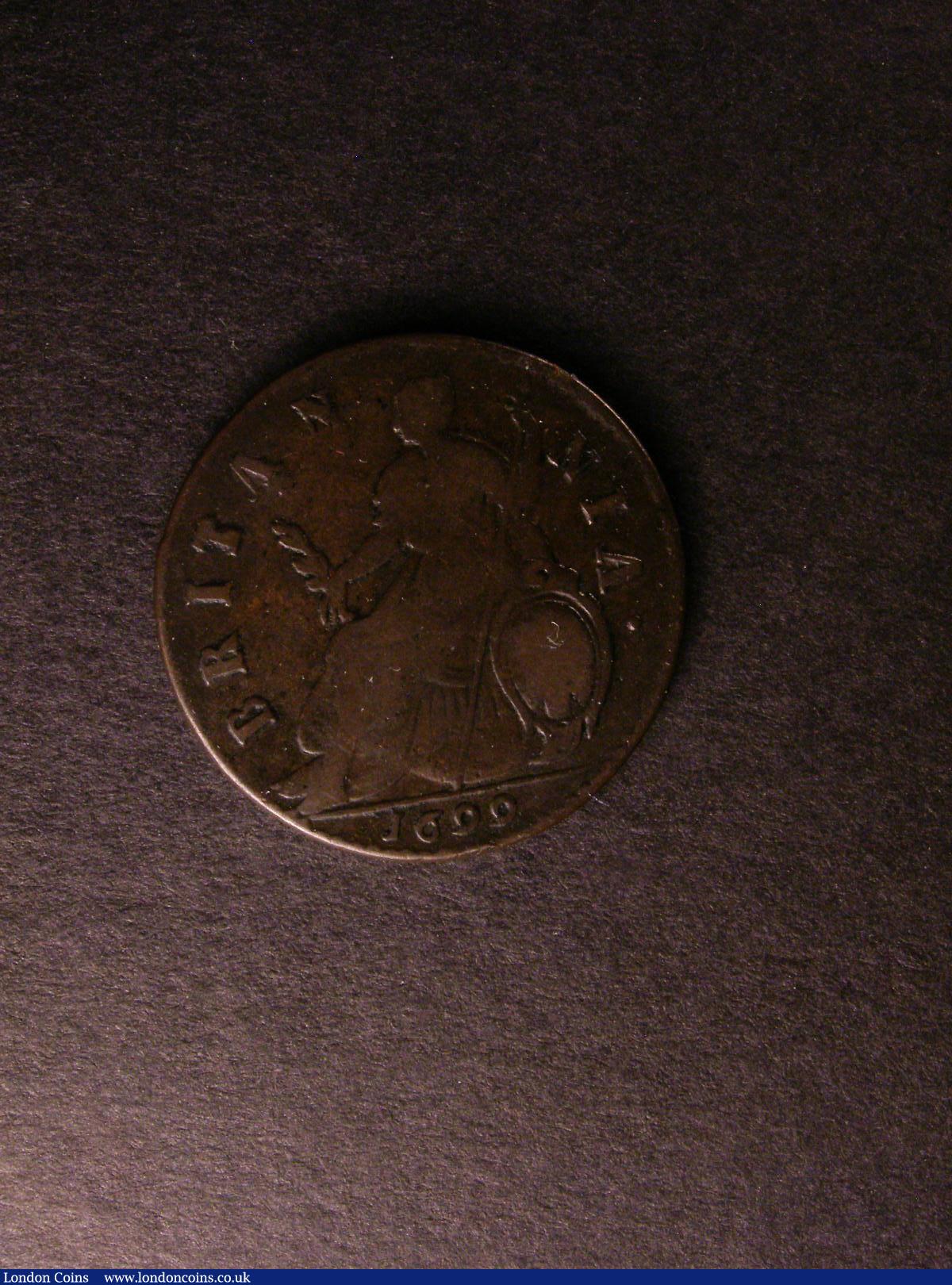 London Coins : A139 : Lot 1992 : Halfpenny 1699 Date in Exergue as Peck 687 but with I over V and V over S in TERTIVS (as though the ...