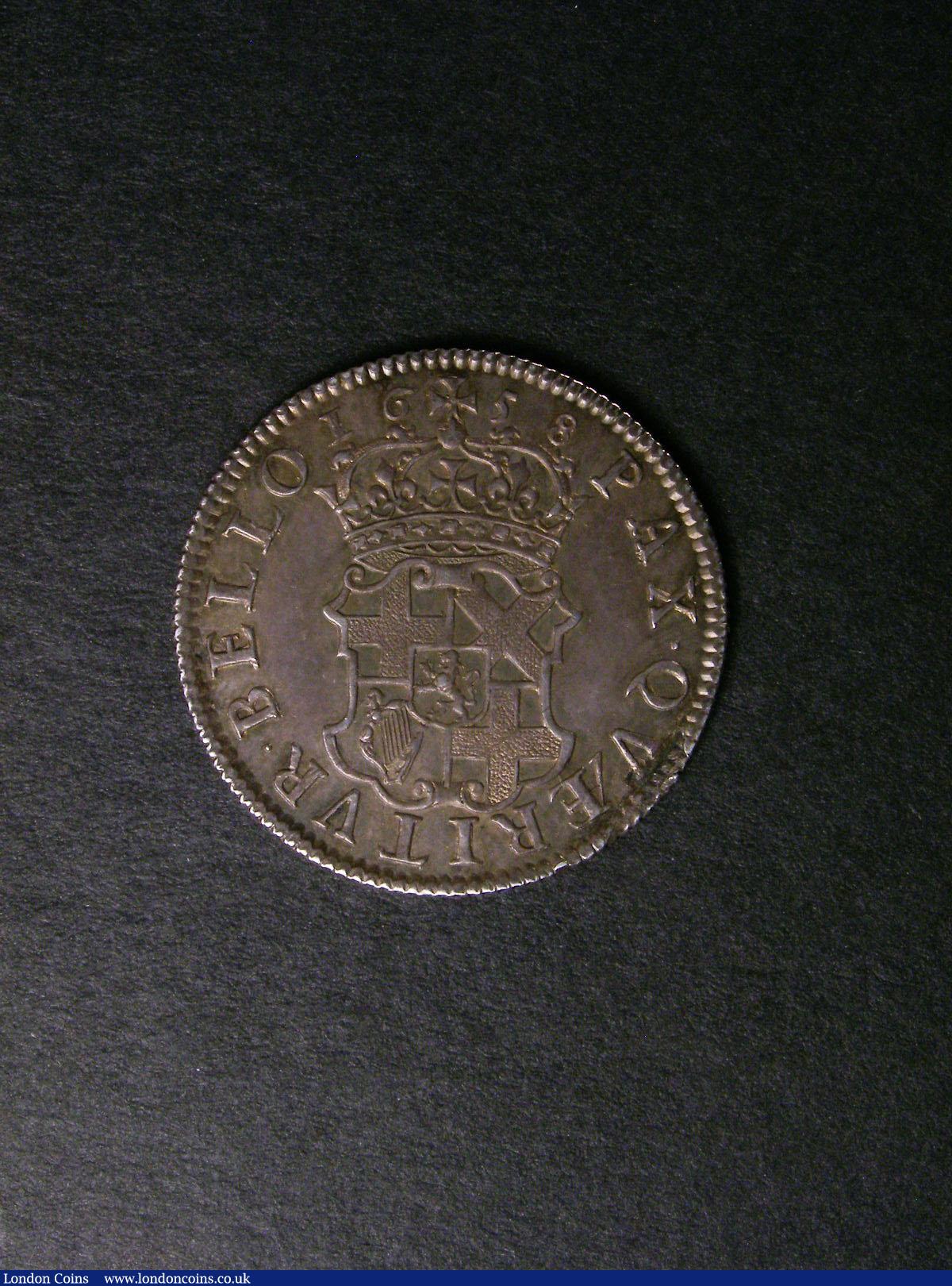 London Coins : A139 : Lot 2152 : Shilling 1658 Cromwell ESC 1005 EF grey toned with an edge flaw by QVAE