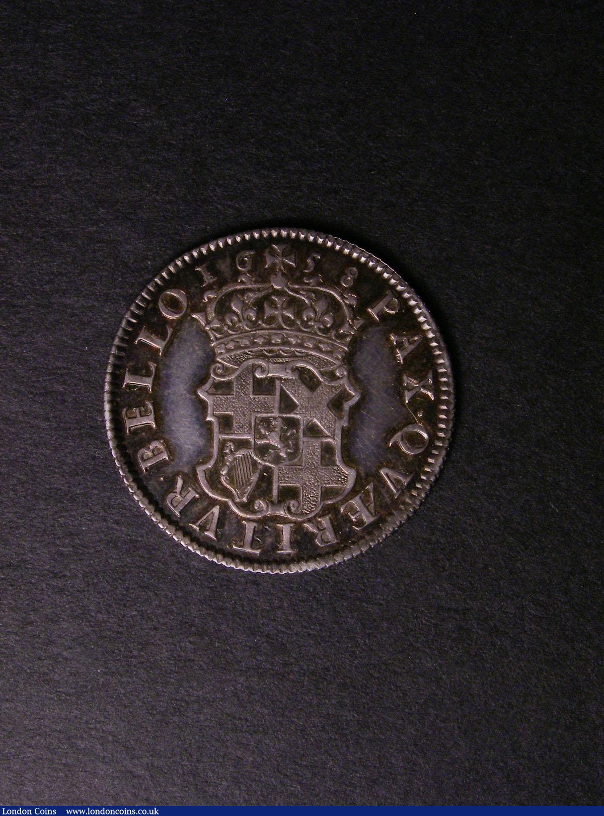 London Coins : A139 : Lot 2153 : Shilling 1658 Cromwell ESC 1005 VF or better with an attractive tone