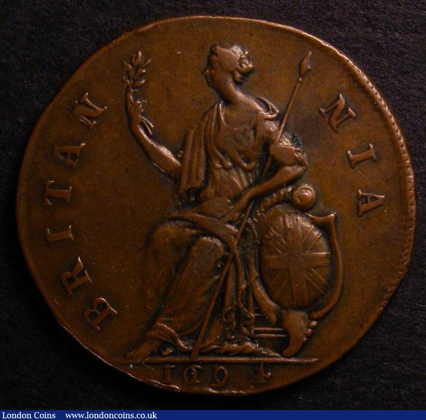 London Coins : A140 : Lot 2010 : Halfpenny 1694 Pattern Peck 598 29mm diameter VF/GVF with a verdigris spot by Britannia's elbow,...