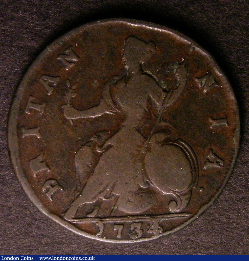 London Coins : A140 : Lot 2017 : Halfpenny 1734 4 over 3 over 1 VG with major details all clear, similar to the piece in the Nich...