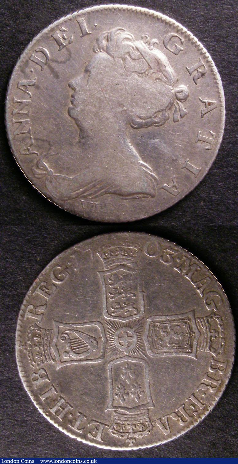 London Coins : A140 : Lot 2229 : Shillings (2) 1702 VIGO ESC 1130 NF, 1703 VIGO ESC 1131 NF