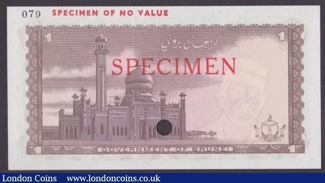London Coins : A140 : Lot 421 : Brunei 1 ringgit issued 1972, light brown colour trial No.079, SPECIMEN ovpt. & one punc...