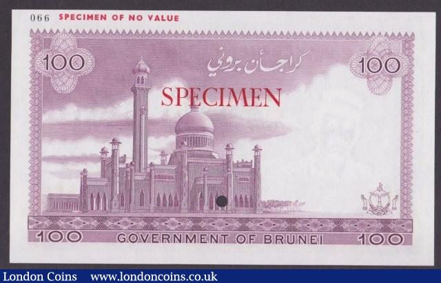 London Coins : A140 : Lot 425 : Brunei 100 ringgit issued 1972 printers Specimen No.066, SPECIMEN ovpt. & one punch-hole,...