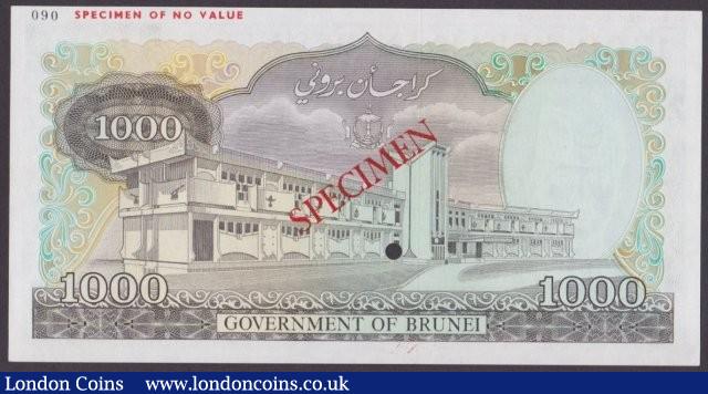 London Coins : A140 : Lot 426 : Brunei 1000 ringgit issued 1979 printers Specimen No.090, SPECIMEN ovpt. & one punch-hole...