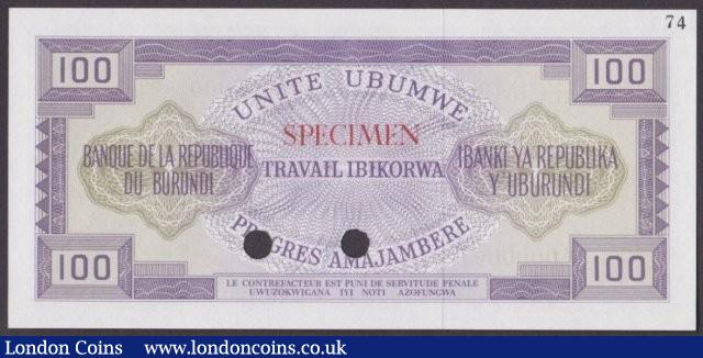 London Coins : A140 : Lot 431 : Burundi 100 francs issued 1968, colour trial in mauve No.74, series A000000, SPECIMEN ov...