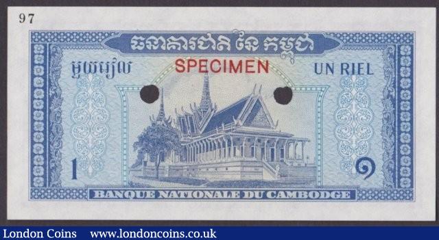 London Coins : A140 : Lot 438 : Cambodia 1 riel issued 1956, colour trial in purple & blue No.97, signature 2, SPECIMEN ovpt. &a...