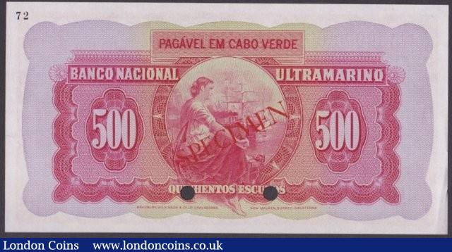 London Coins : A140 : Lot 488 : Cape Verde 500 escudos issued 1958, colour trial in red No.72, series 00000, SPECIMEN ov...