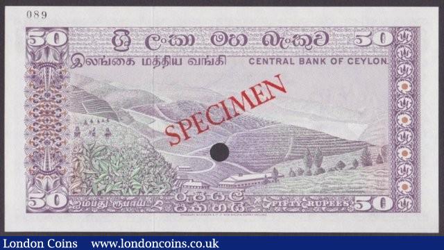 London Coins : A140 : Lot 495 : Ceylon 50 rupees issued 1972, Specimen No.089, SPECIMEN ovpt. & 1 punch-hole, Pick79...