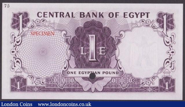 London Coins : A140 : Lot 500 : Egypt &pound;1 dated 1965, colour trial in purple & blue No.75, SPECIMEN ovpt. & 1 p...