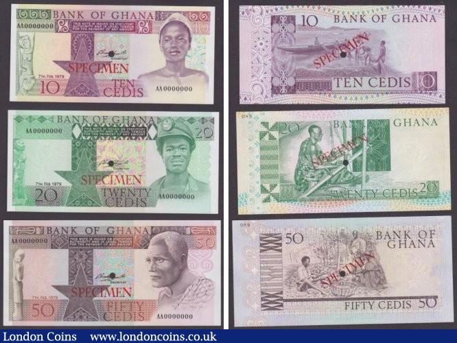 London Coins : A140 : Lot 528 : Ghana printers Specimens dated 1979 (6), 1 cedi Pick17s, 2 cedis Pick18s, 5 cedis Pick19...