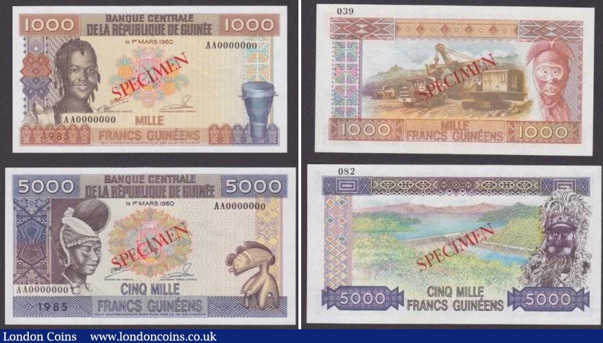 London Coins : A140 : Lot 534 : Guinea printers Specimens dated 1985 (5), 50 francs Pick29s, 100 francs Pick30s, 500 fra...