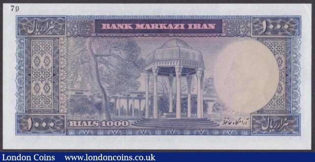 London Coins : A140 : Lot 546 : Iran 1000 rials issued 1971-73, Colour trial in blue No.79, series 18/ 000000, signature...