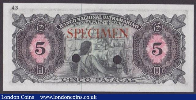 London Coins : A140 : Lot 597 : Macau 5 patacas issued 1968, Colour trial in black, green & pink No.43, series 00000...