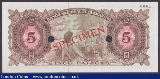 London Coins : A140 : Lot 598 : Macau 5 patacas issued 1976, Specimen No.0061, series 0000000, SPECIMEN ovpt. & 2 pu...