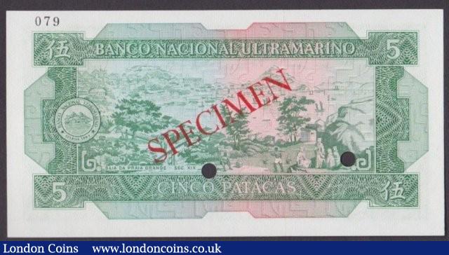 London Coins : A140 : Lot 599 : Macau 5 patacas issued 1981, Specimen No.079, series AA00000, SPECIMEN ovpt. & 2 pun...