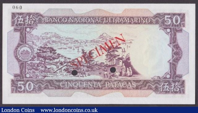 London Coins : A140 : Lot 602 : Macau 50 patacas issued 1981, Specimen No.060, series KA00000, SPECIMEN ovpt. & 2 pu...