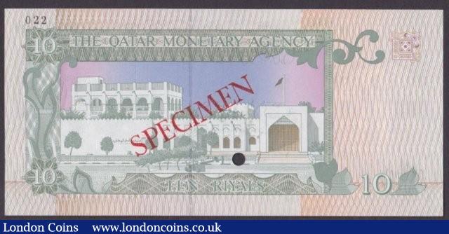 London Coins : A140 : Lot 645 : Qatar Monetary Agency 10 riyals issued 1980s, Specimen No.022, SPECIMEN ovpt. & 1 punch-...