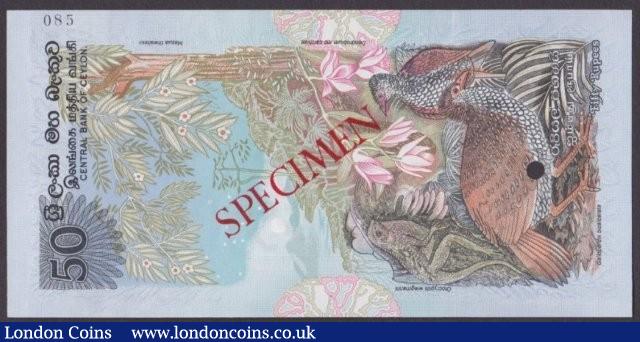 London Coins : A140 : Lot 706 : Sri Lanka 50 rupees issued 1979, Specimen No.085, SPECIMEN ovpt. & 1 punch-hole, Pic...