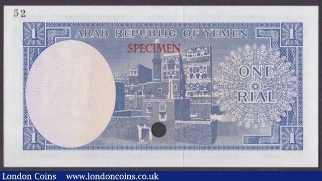 London Coins : A140 : Lot 774 : Yemen Arab Republic 1 rial issued 1964, Colour trial in blue No.52, series A/1 000000, SPECIMEN ovpt...