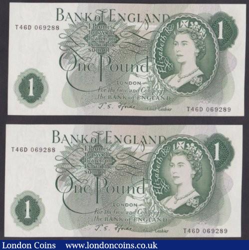 ERROR £1 Fforde B305 (2) issued 1967, both notes have matching different serial numbers of T46D 069288 & T46D 069289, UNC : English Banknotes : Auction 140 : Lot 328