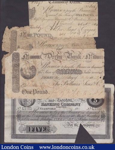 British Provincial Banknotes (10) a low grade group includes Derby Bank £1 (2) 1811 & 1813, 1901 Stamford Spalding £5 cut cancelled, Newport Bank £1 1812-half note only, Huddersfield Commercial Bank 1 guineas (2), Tamworth Bank £1 trimmed 1814 and Yeovil Old Bank £5 (2) and £10-half notes or re-joined, average Good to VG some better : English Banknotes : Auction 140 : Lot 371