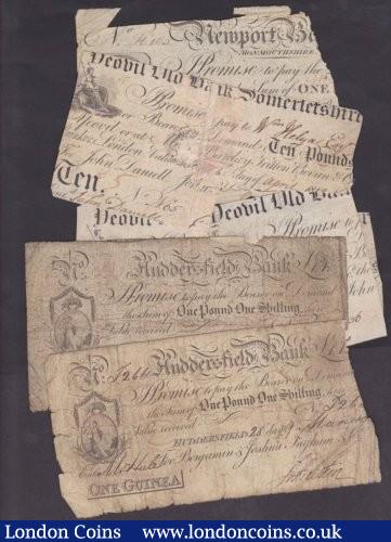 British Provincial Banknotes (10) a low grade group includes Derby Bank £1 (2) 1811 & 1813, 1901 Stamford Spalding £5 cut cancelled, Newport Bank £1 1812-half note only, Huddersfield Commercial Bank 1 guineas (2), Tamworth Bank £1 trimmed 1814 and Yeovil Old Bank £5 (2) and £10-half notes or re-joined, average Good to VG some better : English Banknotes : Auction 140 : Lot 371