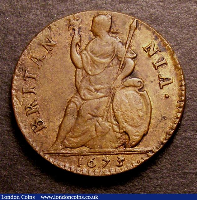 London Coins : A141 : Lot 1324 : Farthing 1673 Peck 522 NEF with a few small tone spots, rare in this grade and superior to the e...