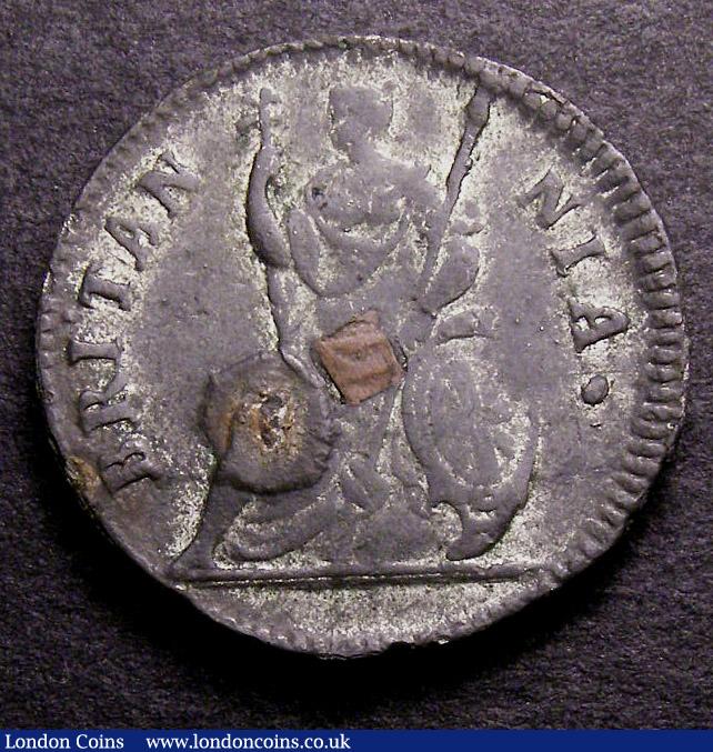 London Coins : A141 : Lot 1335 : Farthing 1686 Tin Cuirassed bust Peck 552 some blistering on the drapery otherwise GVF with traces o...
