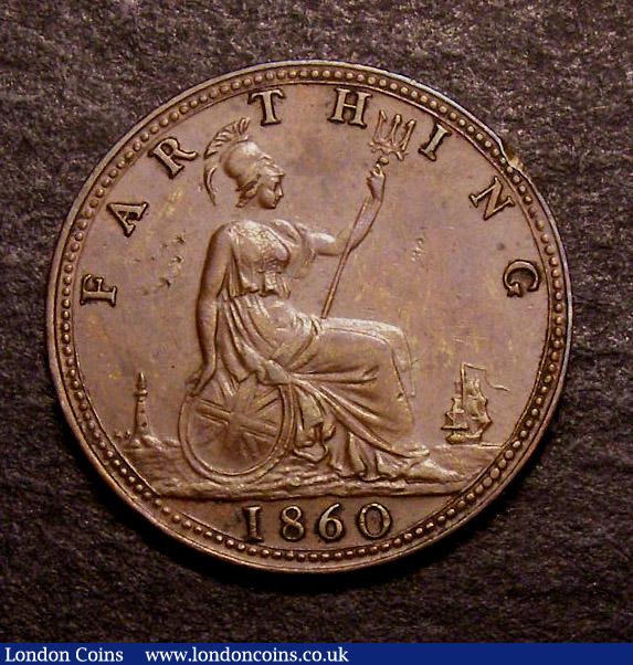 London Coins : A141 : Lot 1461 : Farthing 1860 Toothed Border/Beaded Border mule Freeman 498 dies 2+A GVF with a couple of rim nicks&...