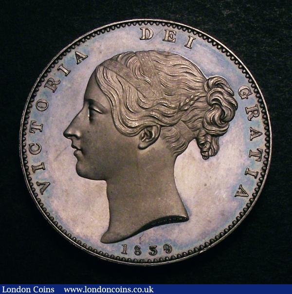 Crown 1839 Plain edge Proof ESC 279 light hairlines and contact marks on the obverse with an attractive grey toning and hints of underlying blue, otherwise FDC or near so and most attractive : English Coins : Auction 141 : Lot 1242