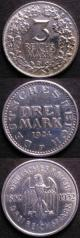 London Coins : A141 : Lot 699 : Germany - Weimar Republic 3 Reichsmarks (3) 1924 KM#43 VF, 1925 D KM#46 VF, 1932 Goethe KM#7...