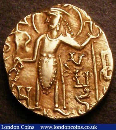 India, Kushan Empire Gold Dinar c.350-375AD 7.58 grammes, Samudra, nimbate, diademed and crowned standing left, sacrificing over altar and holding standard, filleted trident to left, Brahmi 'Pu' to left, 'Samudra' to inner right / Ardoxsho, nimbate, seated facing holding filleted investiture garland and cornucopia Donum Burns 813 'Maiores domus' GVF, Ex-CNG Auction 75 23/5/2007 Lot 712 : World Coins : Auction 141 : Lot 722