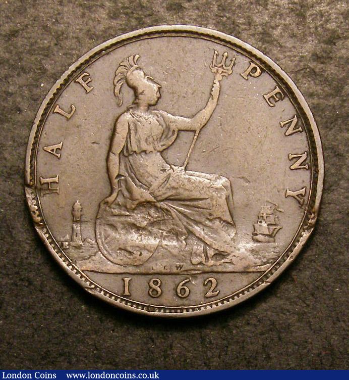 London Coins : A142 : Lot 2519 : Halfpenny 1862 Die Letter B Freeman 288 dies 7+E LCW on rock (R18) Fine or near so with a crease mar...