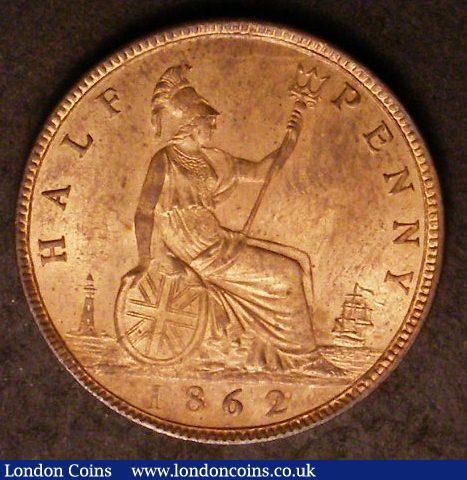 London Coins : A142 : Lot 2520 : Halfpenny 1862 Freeman 289 dies 7+G UNC with around 75% subdued lustre