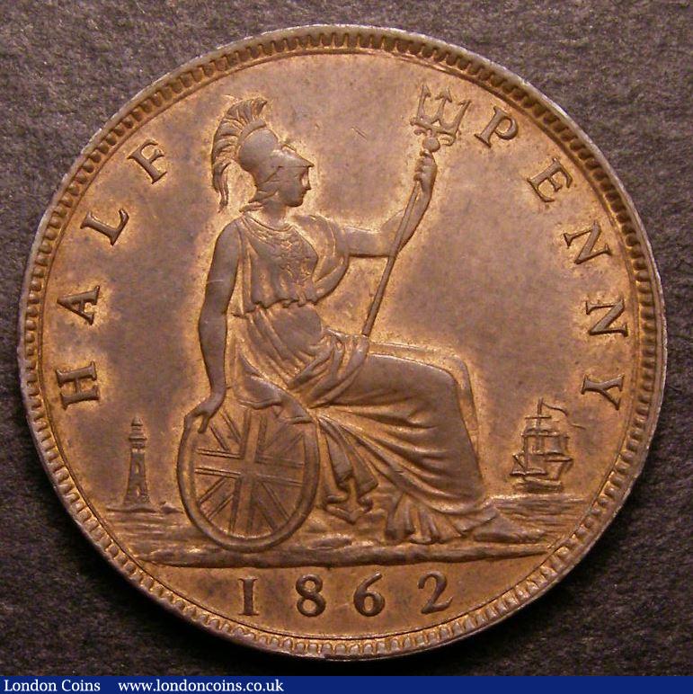 London Coins : A142 : Lot 445 : Halfpenny 1862 Freeman 288 dies 7+G variant with no rocks to left of lighthouse and a long flag tail...