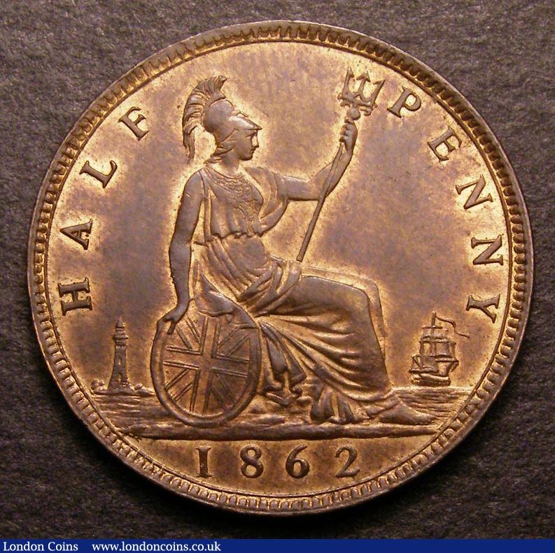London Coins : A142 : Lot 446 : Halfpenny 1862 Freeman 288 dies 7+G variant with rocks to left of lighthouse and long flag tail on t...