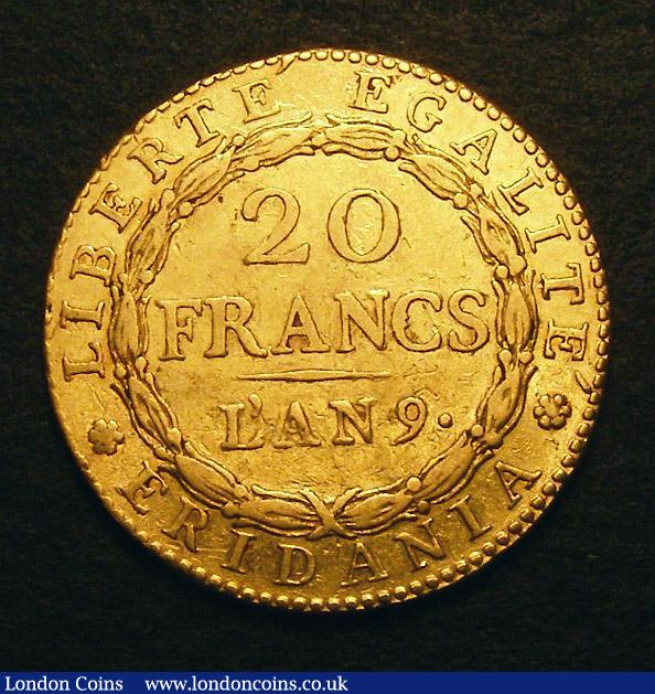 London Coins : A143 : Lot 1002 : Italian States - Piedmont Republic 20 Francs Gold L'an 9 C#5 Good Fine the reverse with some co...