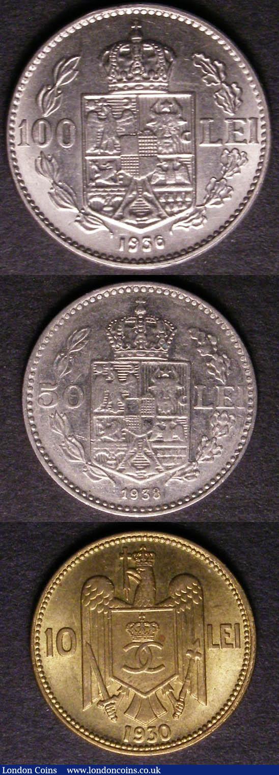 London Coins : A143 : Lot 1043 : Romania (3) 100 Lei 1936 KM#54 A/UNC, 50 Lei 1935 KM#55 VF, 10 Lei 1930 KM#49 Lustrous UNC with a fe...