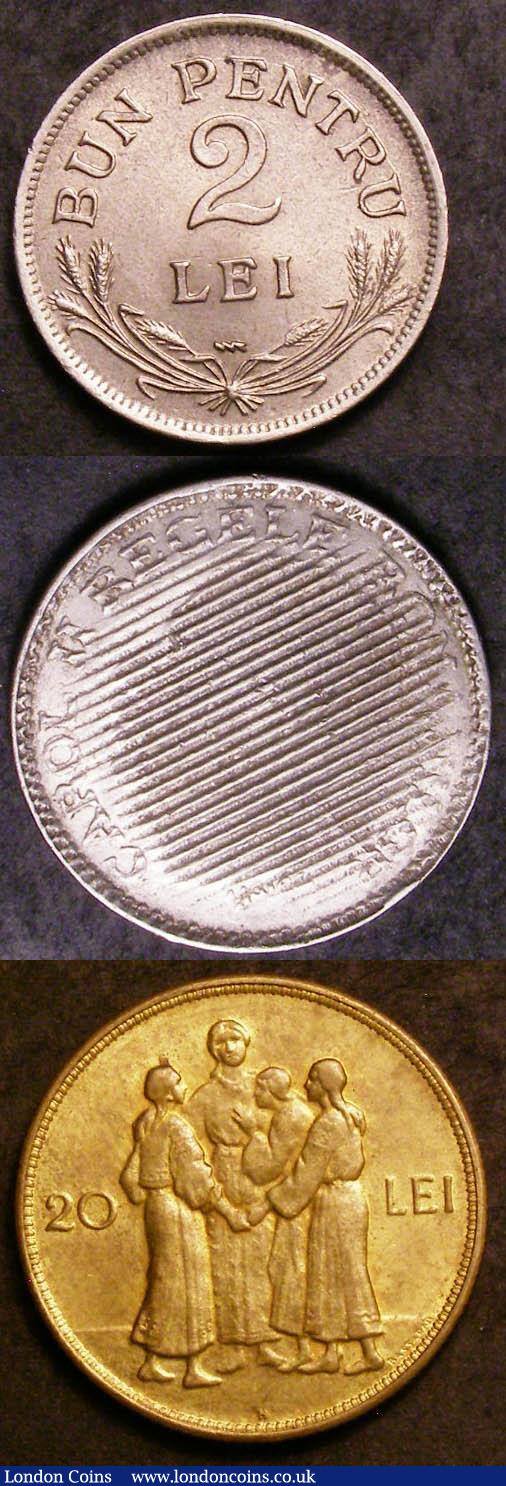 London Coins : A143 : Lot 1044 : Romania (3) 20 Lei 1930H KM#50 UNC and lustrous, 2 Lei 1924 AU/UNC and nicely toned, along with 100 ...