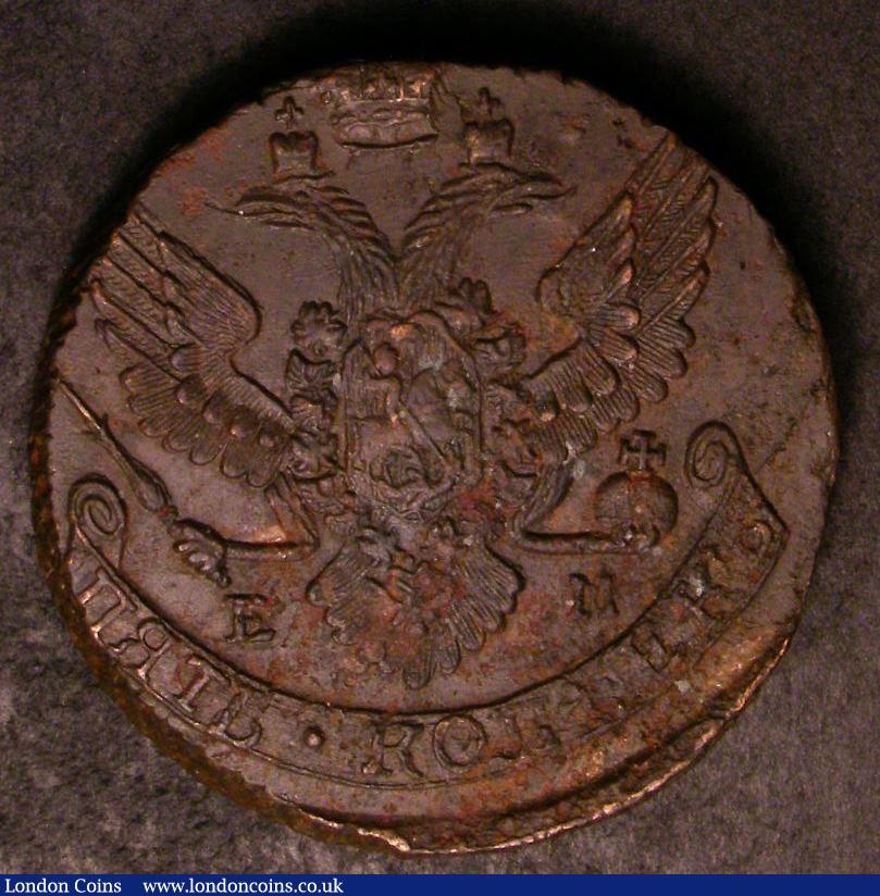 London Coins : A143 : Lot 1047 : Russia 5 Kopeks 1791EM C#59.3 struck off-centre, UNC or near so for wear, the reverse with some pitt...