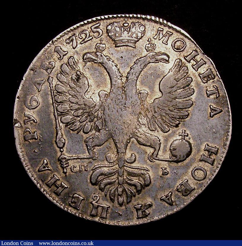 London Coins : A143 : Lot 1050 : Russia Rouble 1725 C?? Catherine I KM#168 Fine with some old graffiti in the obverse field