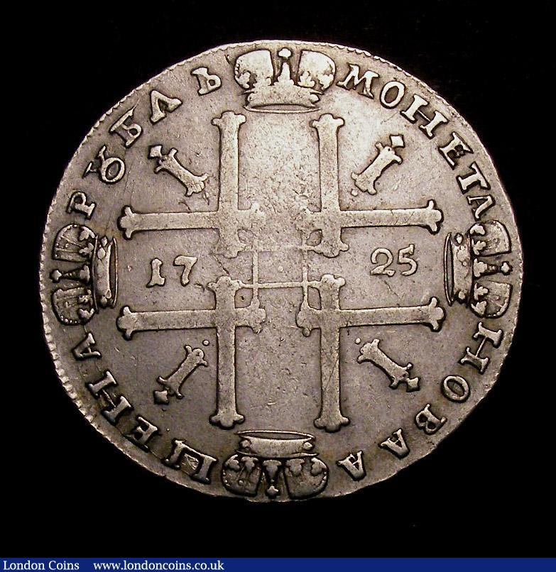 London Coins : A143 : Lot 1051 : Russia Rouble 1725 Peter I KM#166.3 weight 27.04 grammes against KM stated weight of 28.44 grammes t...
