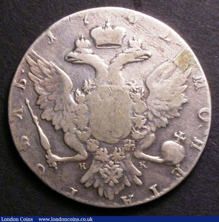 London Coins : A143 : Lot 1054 : Russia Rouble 1762 C?? HK edge with oblique milling C#47.2 weight is light at 19.71 grammes, VG very...