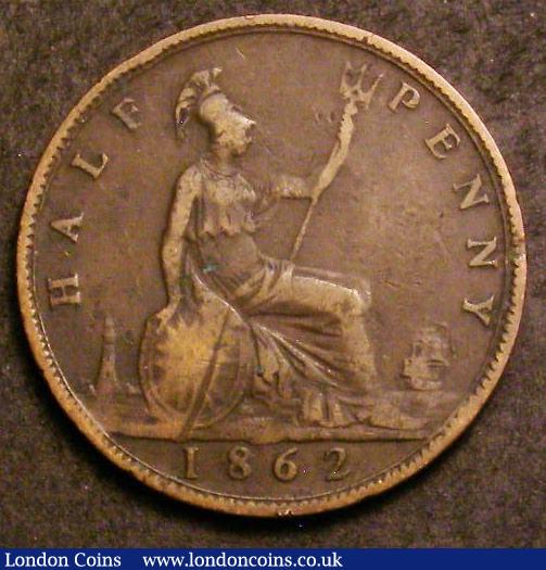 London Coins : A143 : Lot 2080 : Halfpenny 1862 Die Letter A Freeman 290A dies 7+G VG the reverse slightly better with a scuff on the...