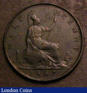 London Coins : A143 : Lot 2081 : Halfpenny 1862 Die Letter B Freeman 288 dies 7+E VF with some corrosion, very rare and seldom seen a...